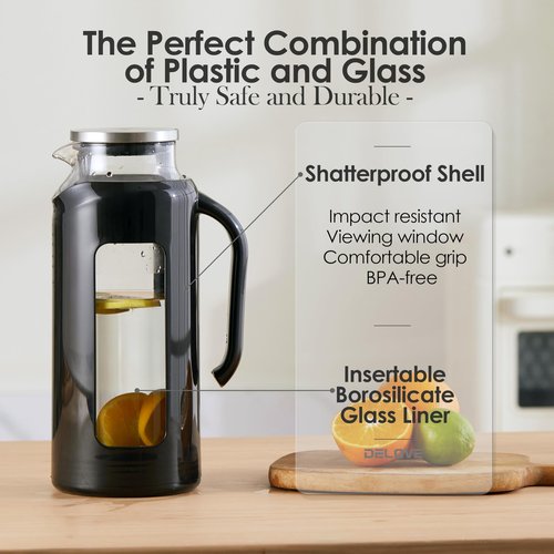 Delove Glass Pitcher with Lid & Shatterproof Shell – Heat-Resistant Borosilicate Glass Jug, 2 L/68 oz with Handle & Spout – Perfect for Iced Tea, Juice, Hot & Cold Water (Black)