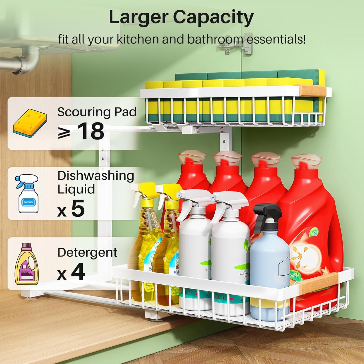 Kitstorack Under Sink Organizer - 2-Tier Metal Storage Shelf with Sliding Drawers | White, 1 Pack for Kitchen & Bathroom