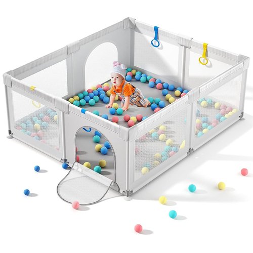 Cherrysea Baby Playpen - Large Anti-Fall Safety Play Center with Gate & 30 Ocean Balls | Sturdy Toddler Fence