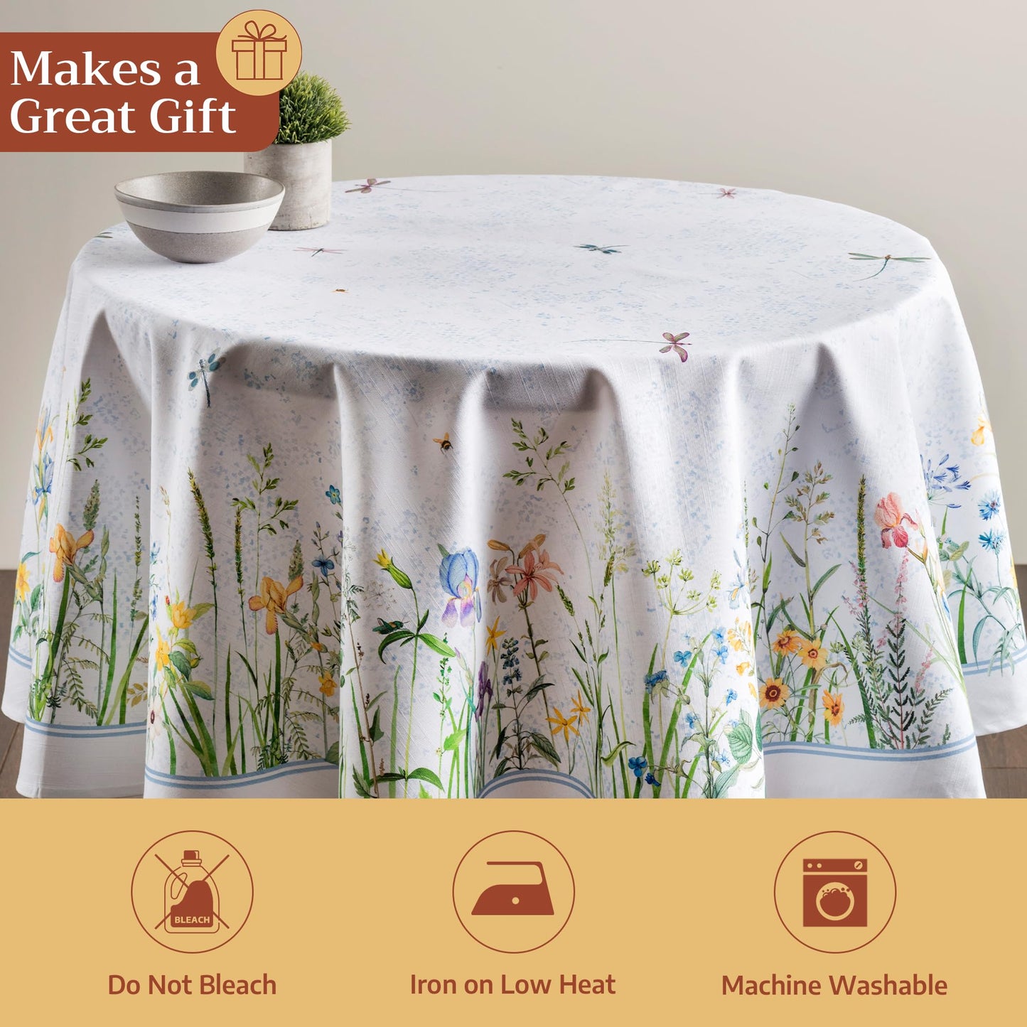 Maison d' Hermine Table Cloth Round Table 100% Cotton 63 Round Inches Tablecloth Reusable Decorative for Dining Kitchen Room Farmhouse Home Gifts for Mothers Day Spring Summer - Fleurs De Mai
