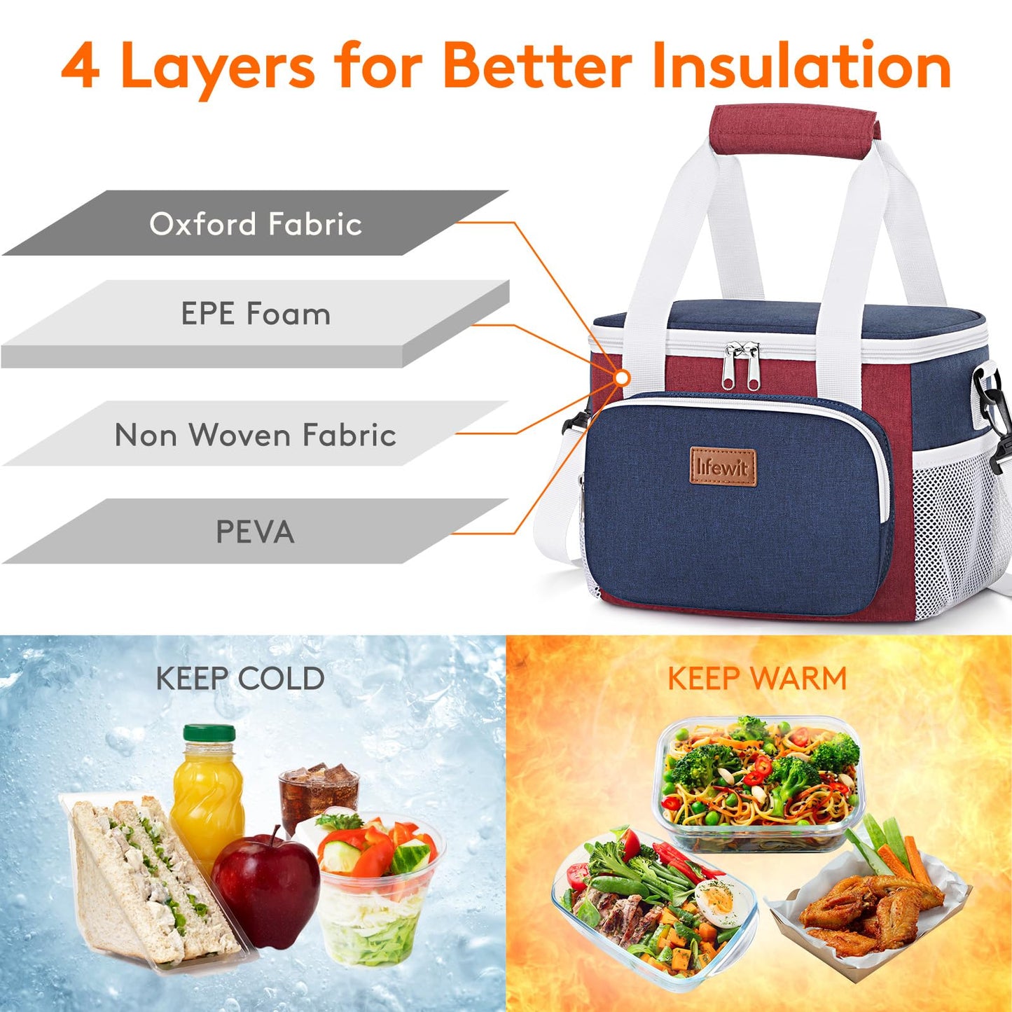 Lifewit Medium Lunch Bag, Insulated Lunch Box, Soft Cooler Cooling Tote for Adult Men Women, White and Red and Blue 12-Can (9L)