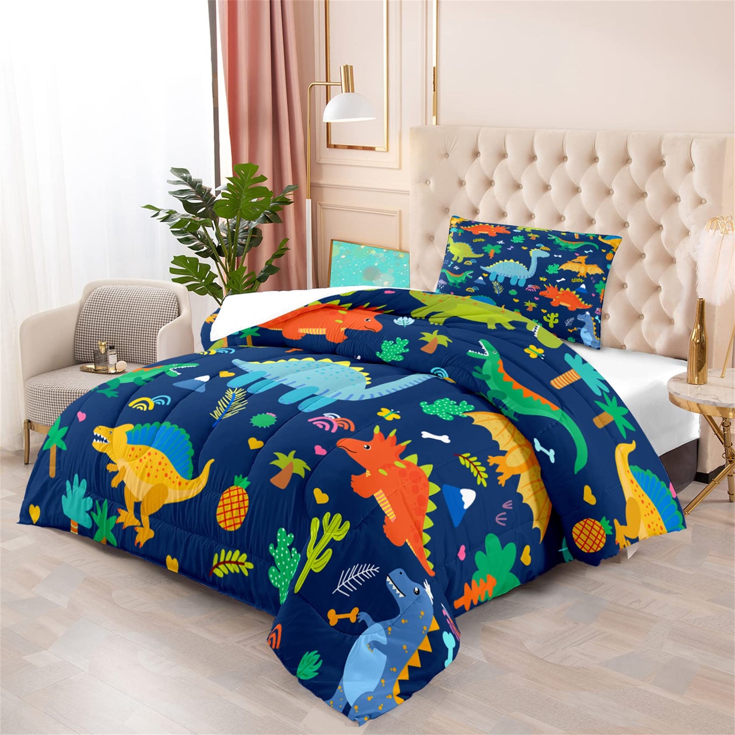 Cartoon Dinosaur Comforter Set for Kids Dark Blue Dinosaurs Twin Comforter Set for Boys Dinosaur Kids Bedding Set Soft Breathable Dinosaurs Quilt with 1 Pillowcase for All-Season, Twin Size
