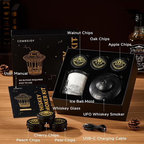 ComboJoy Electric Whiskey Smoker Kit with LED – 6 Flavors Wood Chips, Whiskey Glass & Ice Cube Mold – Rechargeable Cocktail Smoker, Old Fashioned Bourbon Gifts for Men, Dad, Husband -Black