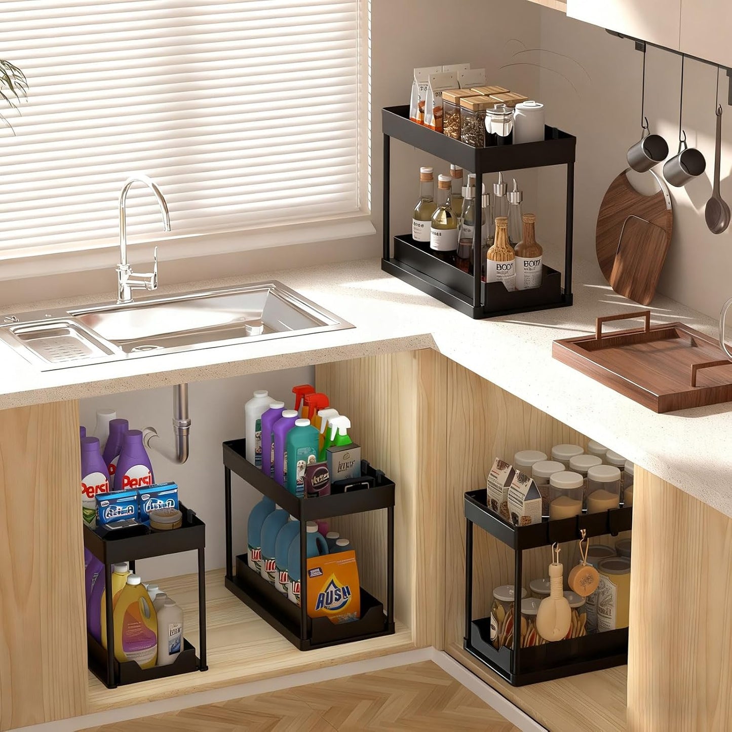 Under Sink Organizers by [Brand Name] - 2-Pack Pull-Out Sliding Cabinet Storage with 2-Tier Shelf & 4 Hooks | Multi-Purpose for Kitchen & Bathroom (13 Inch, Black)