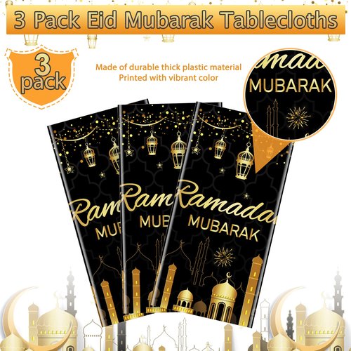 3 Pack Ramadan Plastic Tablecloth Decorations for Home, Eid Mubarak Ramadan Disposable Table Cover Decorations, Muslim Happiness Ramadan Eid Al-fitr Table Cloths for Ramadan Party Supplies, 54x108Inch