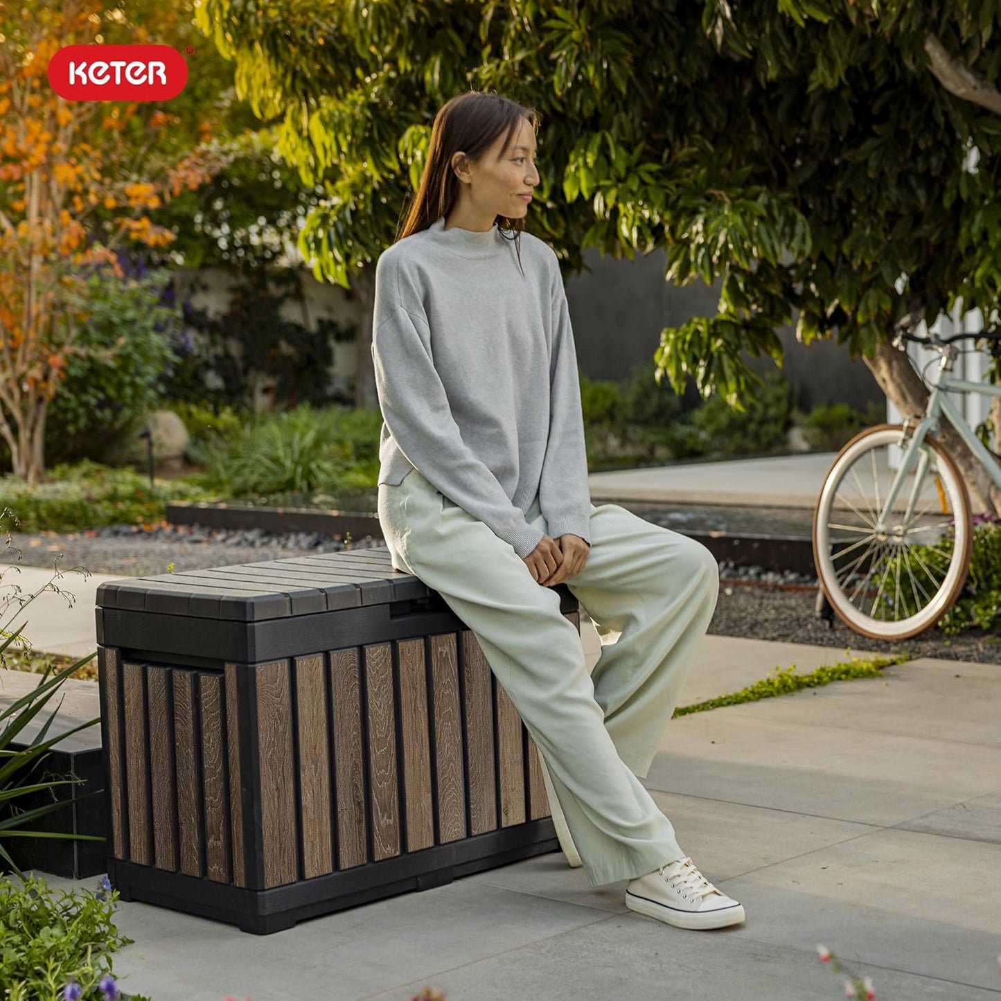 Keter Signature Everwood 50 Gallon Resin Deck Box - Stylish Storage for Patio Cushions & Garden Tools | Walnut