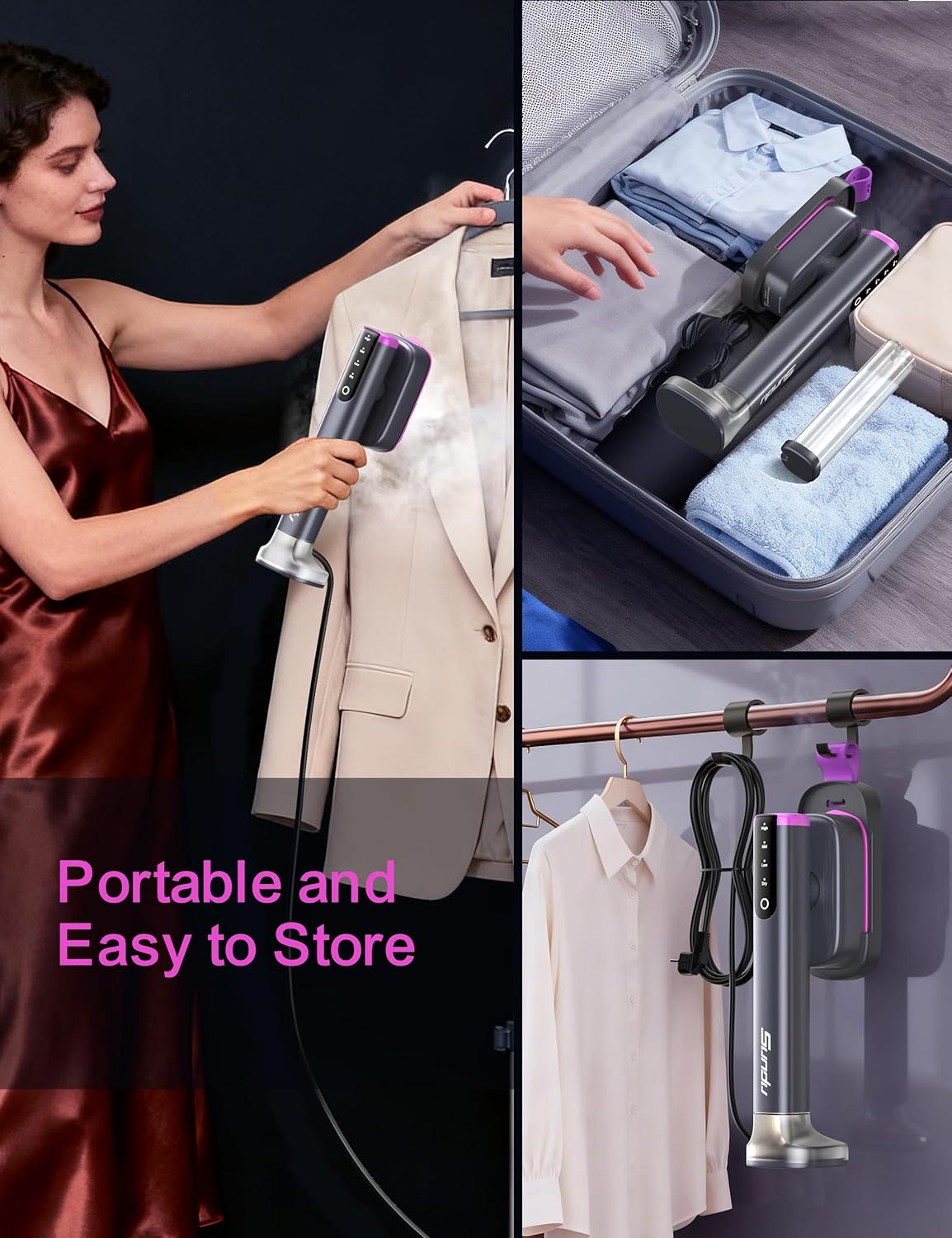Sundu Travel Steamer for Clothes - Portable Handheld Design | Fast 15s Heat-Up, Dual Water Tanks, 45 Min Continuous Use (Grey)