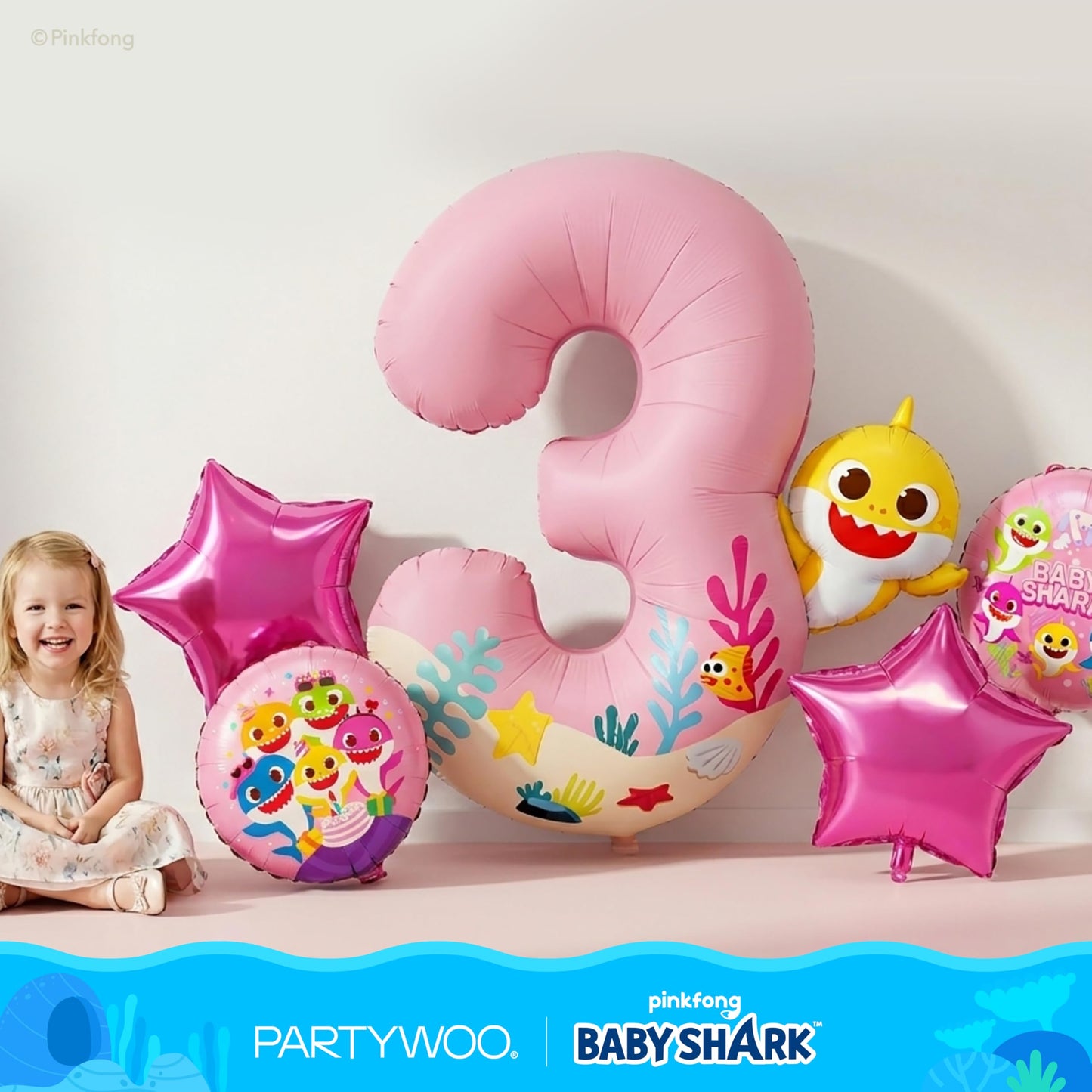 PartyWoo Baby Shark Pink Foil Number 3 Balloon 5pcs 40 18 Inch Pink Round Star Mylar Helium Birthday Balloons for Boys and Girls Baby Shark Under the Sea Ocean Kids Third Birthday Party Decorations