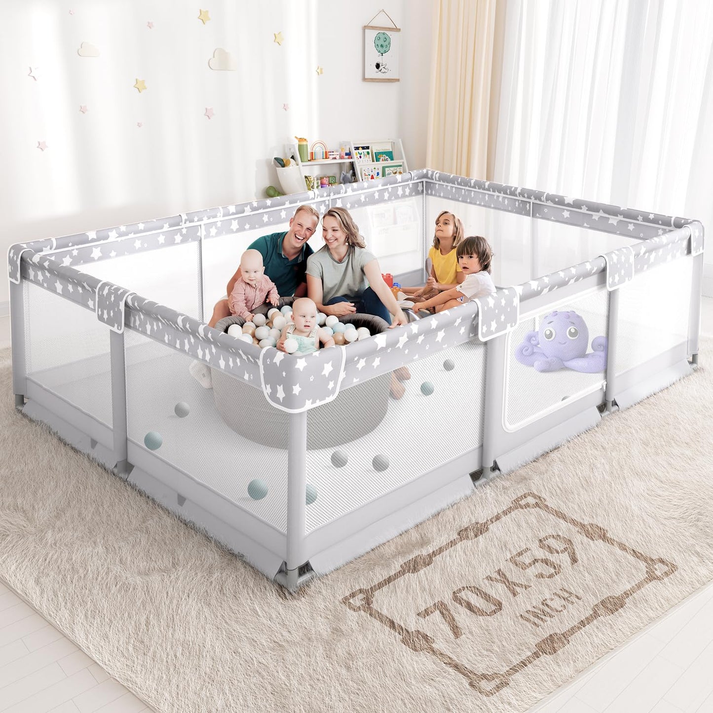 Large Baby Playpen by [Brand Name] - 70x59in Giant Indoor Play Yard for Babies 6-12 Months | Grey
