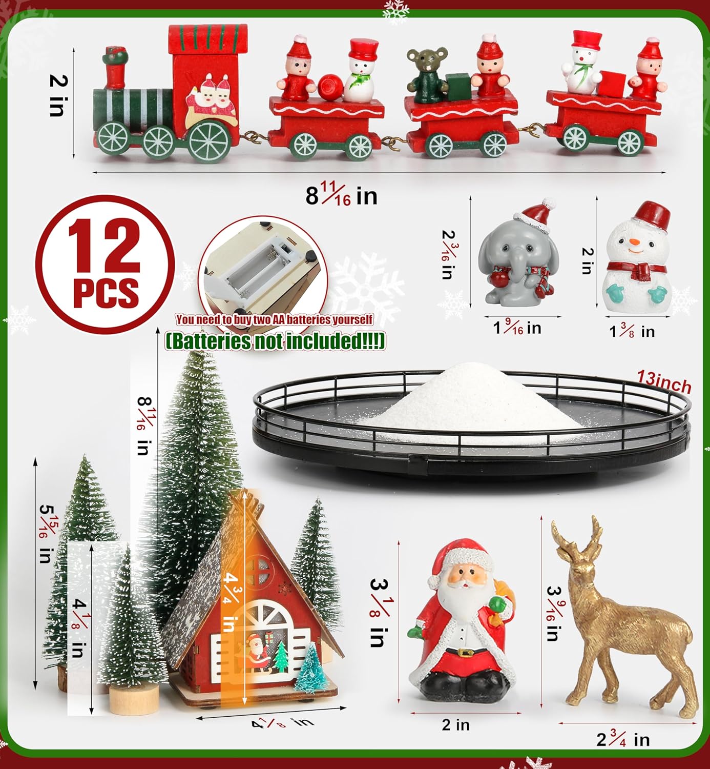 Oroyutor Christmas Village Set - 12 Pcs 13" Oak Wooden Lazy Susan with Santa Train & Trees | Holiday Decor