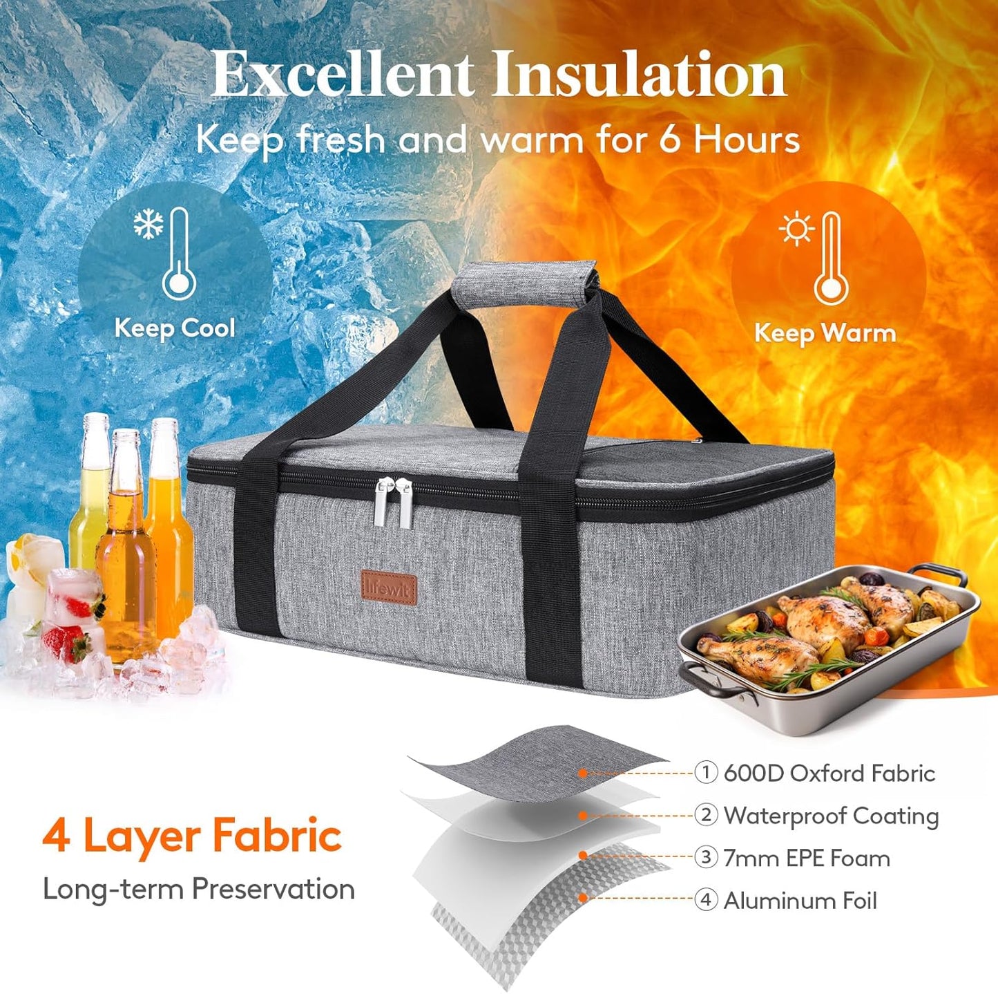 Lifewit Insulated Casserole Carrier - Keeps Food Hot or Cold | Fits 9"x13" Baking Dish - Grey