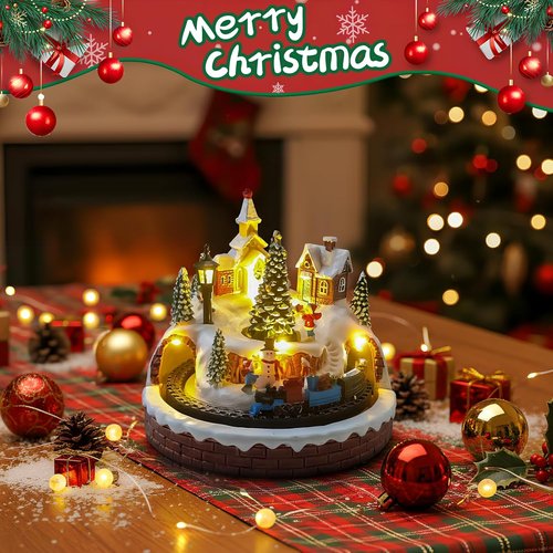 Christmas Village Decoration - Spinning Train & Tree, Musical Collectible with LED Lights & Timer Function