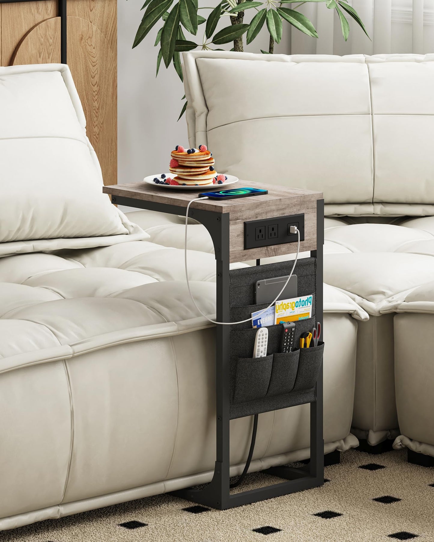TUTOTAK C Shaped End Table with Charging Station, Side Table for Sofa, Couch Table with Storage Bag, TV Tray Table with 2 USB Ports and Outlets for Living Room, Bedroom TB01BG024