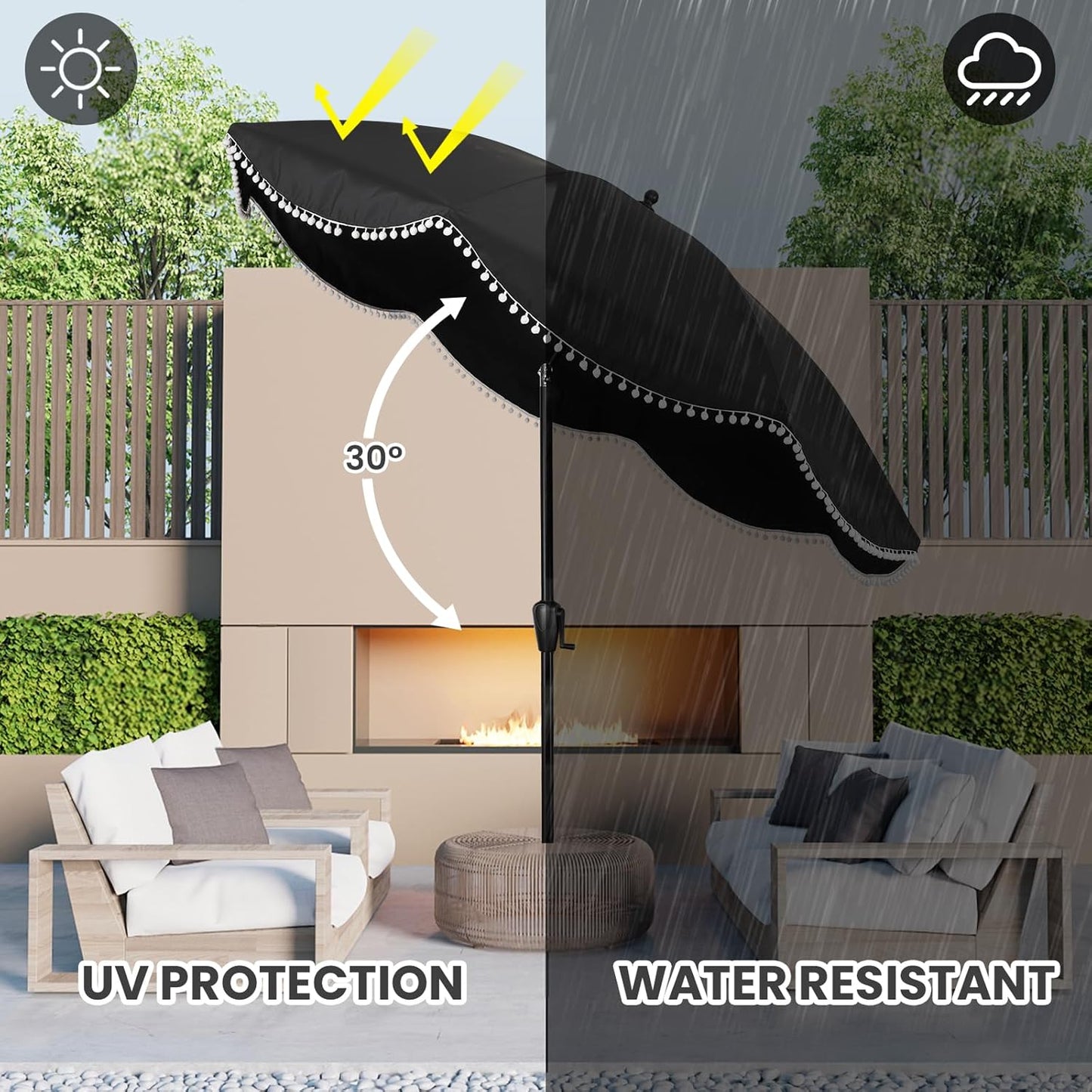 Sun-Ray 9' Patio Umbrella - Black Canopy with White Fringe Accents | Stylish Market Umbrella for Deck & Backyard