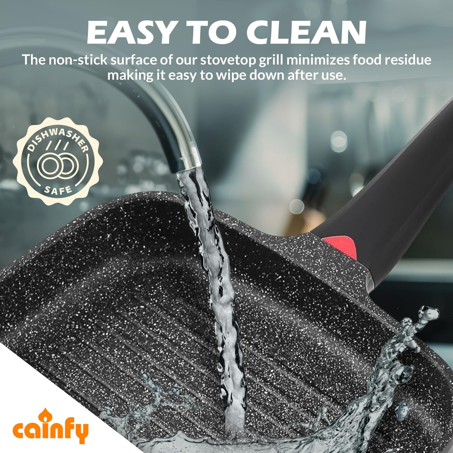 CAINFY 11 Inch Non Stick Grill Pan Granite Coated with Pour Spout - Lightweight 2.66 Quart Grill Pan for Indoor Cooking with Grip Handle - Induction Compatible PFOA Free Stove Top (Black)