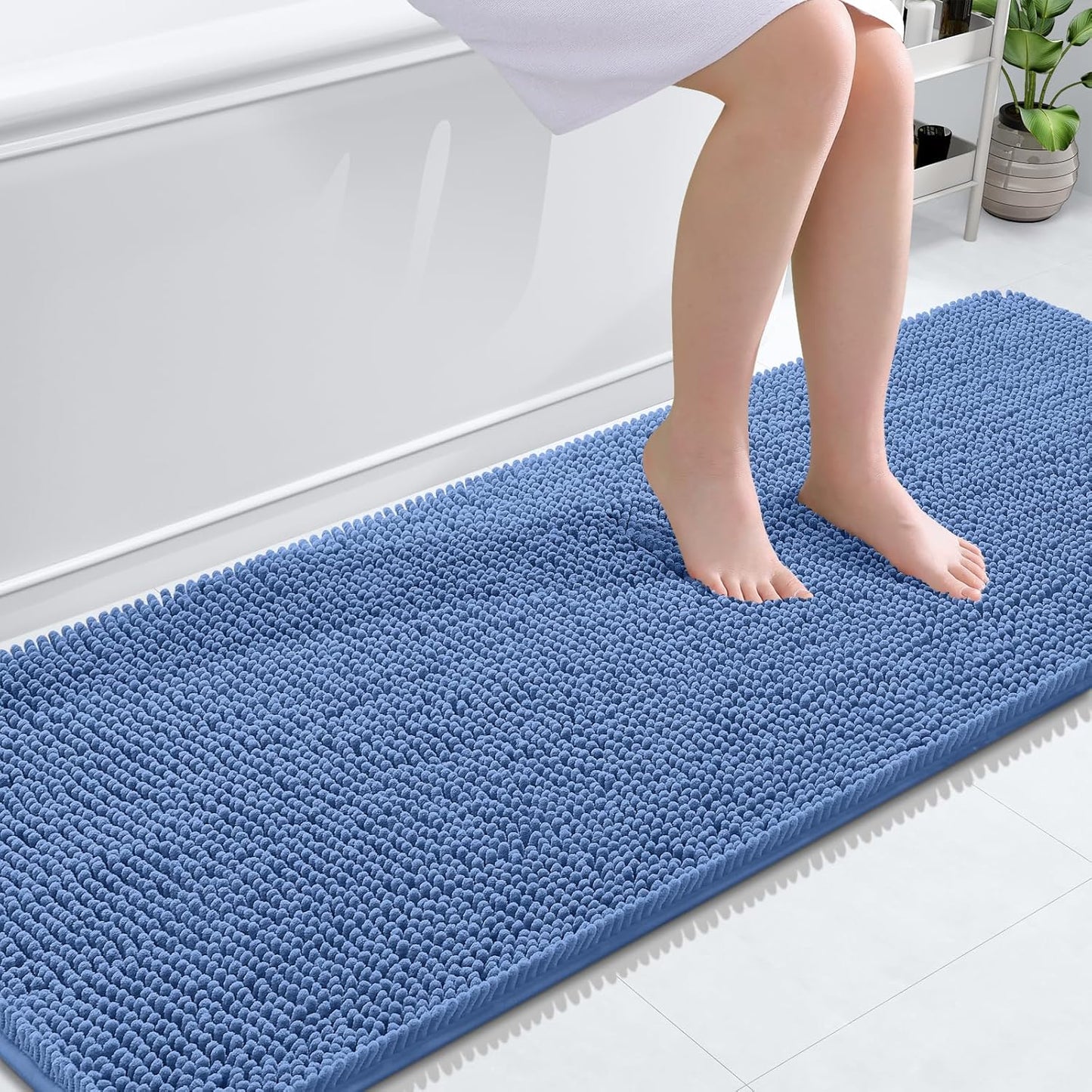 OLANLY Bathroom Runner Rug - Soft Absorbent Chenille with Rubber Backing | 70x24 inches, Cornflower Blue