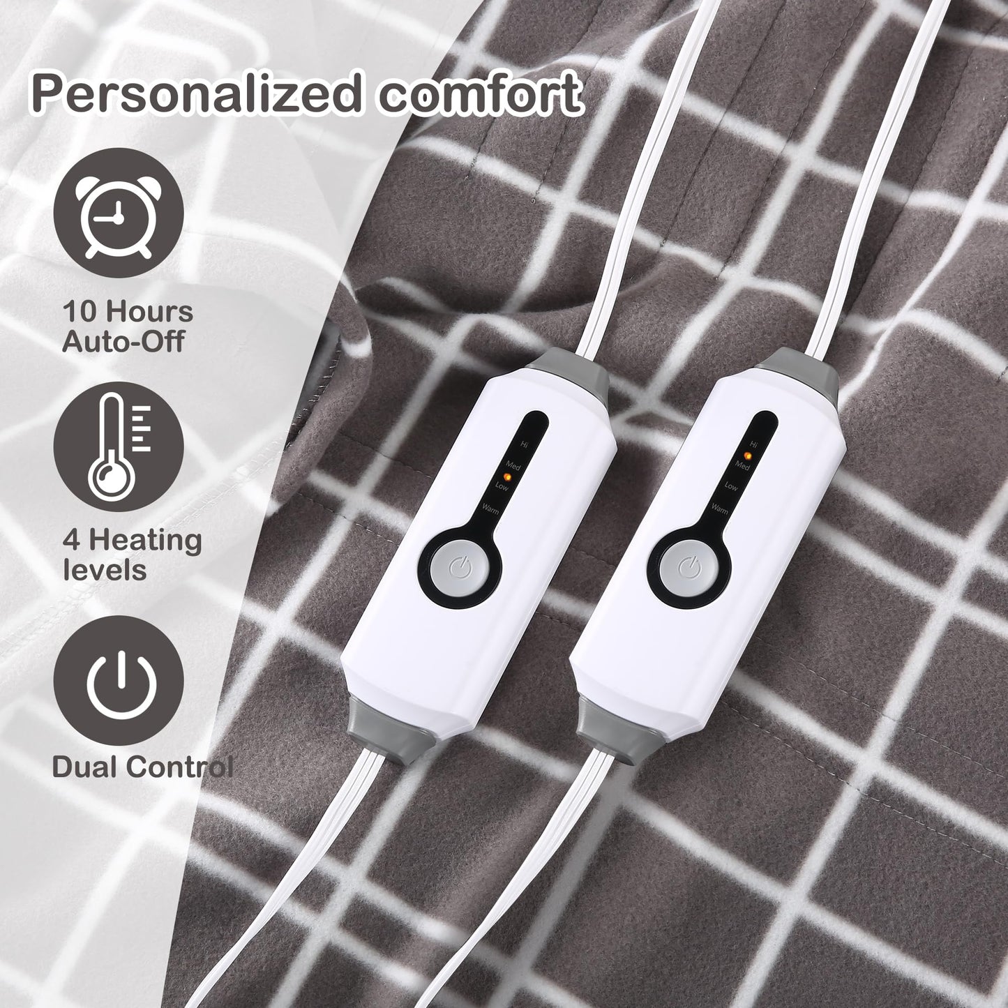 Eydna Electric Heated Blanket Queen Size 84"x90", Soft Fleece with 10 Hours Auto-Off & 4 Heating Levels, Dual Control and Machine Washable, LightGray Plaid