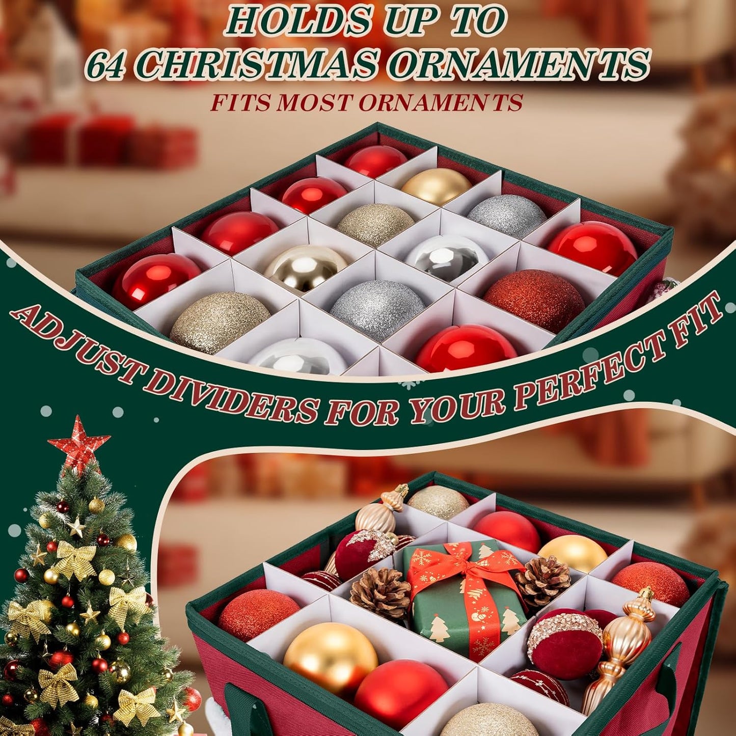 Regine Switzerland Christmas Ornament Storage Box - Adjustable Dividers for 64 Ornaments | Zippered Top, 3 Inch