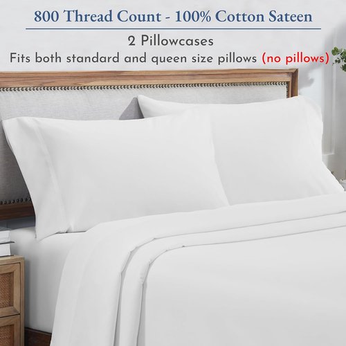 Heirloom 800 Thread Count 100% Cotton Sateen Pillowcases - Soft, Smooth & Thick | 2 Standard Size in Bright White