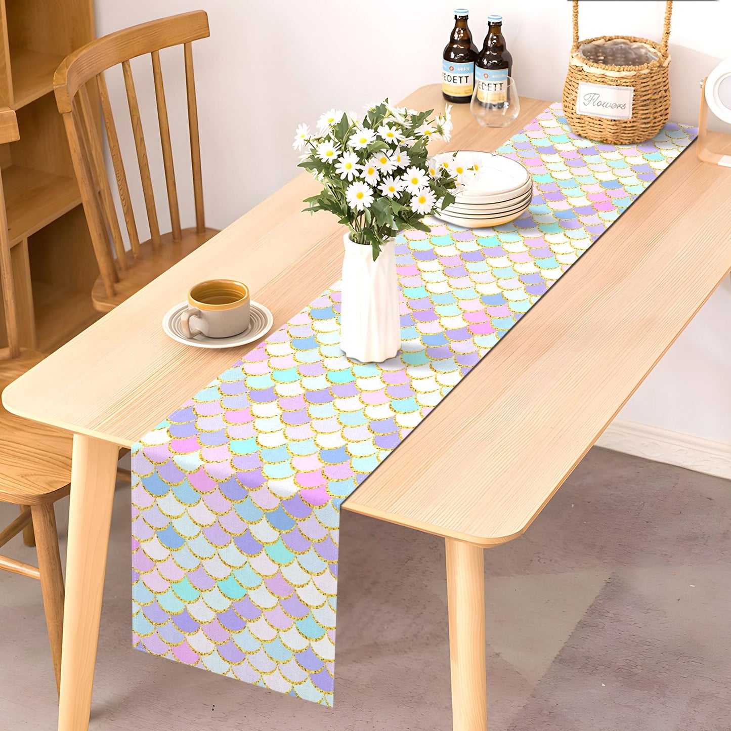 Pudodo Mermaid Table Runner Girls Mermaid Themed Birthday Party Decoration Under The Sea Kitchen Dining Room Home Decor