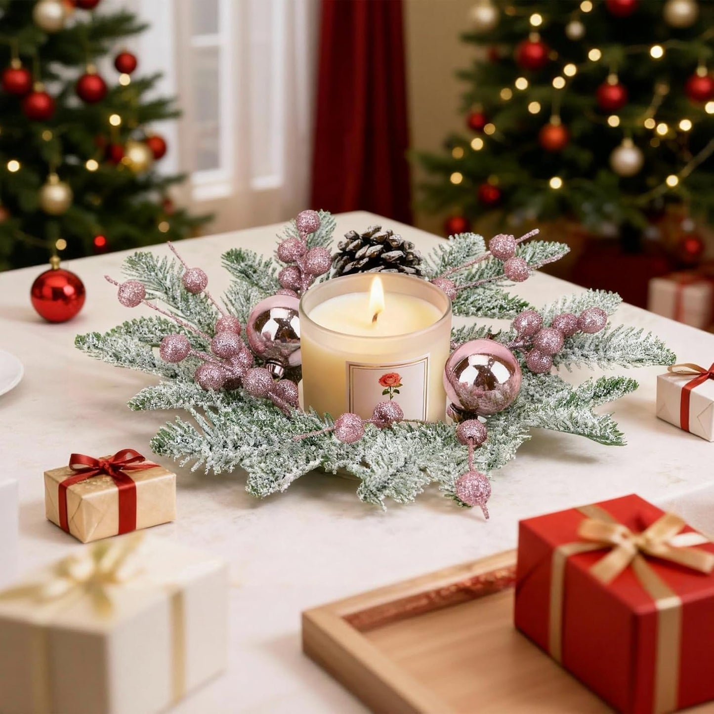 Pink Christmas Candle Rings by [Brand Name] - 8-Inch Wreaths with Pine Cones, Berries & Pine Needles for Festive Table Decor