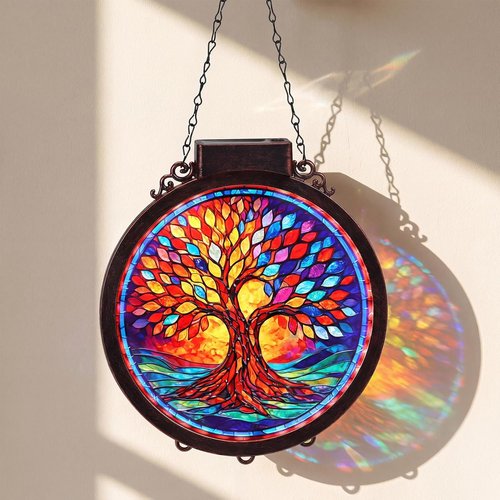 Hoikwo Solar Powered Suncatcher | Tree of Life Design | 8.6" Stained Acrylic Window Decor for Gardens & Porches