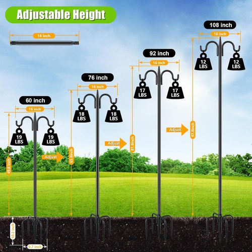 Gtongoko Double Shepherd's Hook - 92 Inch Heavy Duty Bird Feeder Pole for Hummingbird Feeders & Plants
