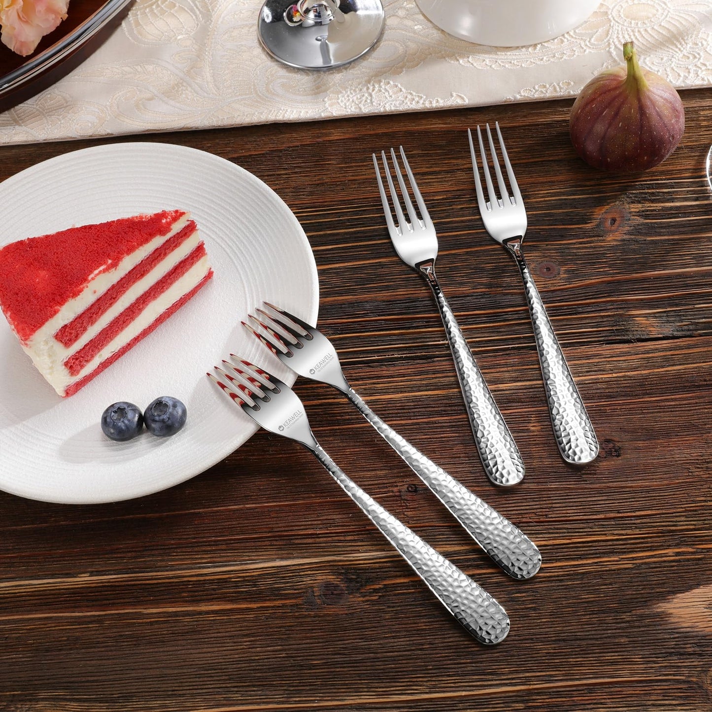 KEAWELL Premium 4-Piece Louise Hammered Fork Set, 18/10 Stainless Steel, Fine Fork Set with Round Edge, Brightly-Mirror polished, Dishwasher Safe. (4, 7.28" Salad Forks)