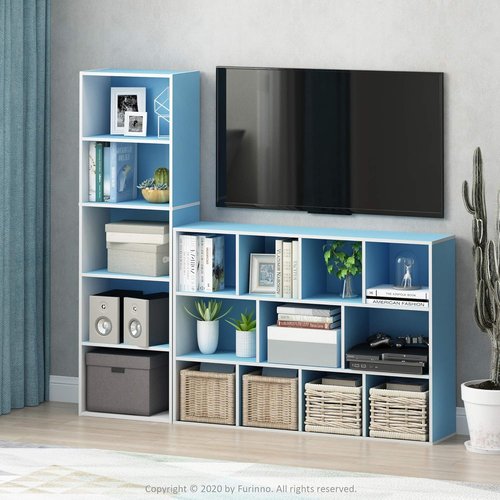 Furinno LUDER 5-Tier Bookshelf - Open Shelves for Easy Assembly | White/Light Blue, 9.4 x 15.8 x 52