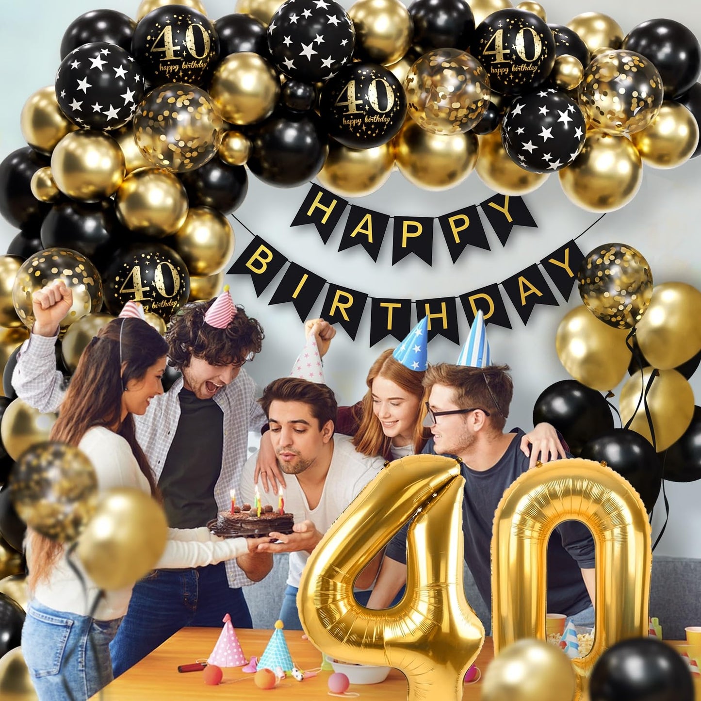 115pcs 40th Birthday Balloon Arch with Black Gold Balloon Garland happy Birthday Banner 40th Foil Balloon for 40th Birthday Decorations for Men or Women Anniversary Decorations