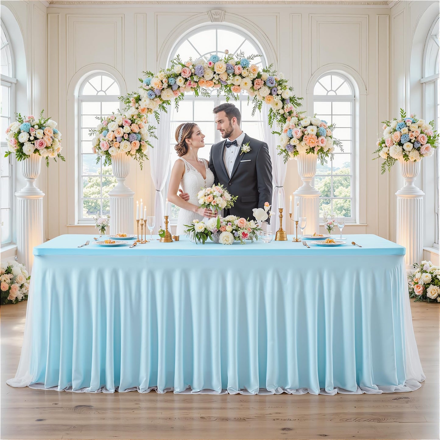 PARTISKY Blue Tablecloths 4 Foot Rectangle Tables, Spandex Fitted Tablecloth Stretch Table Cover with Tulle Skirt for Baby Shower Birthday Party Wedding Banquet Dessert Table Decorations