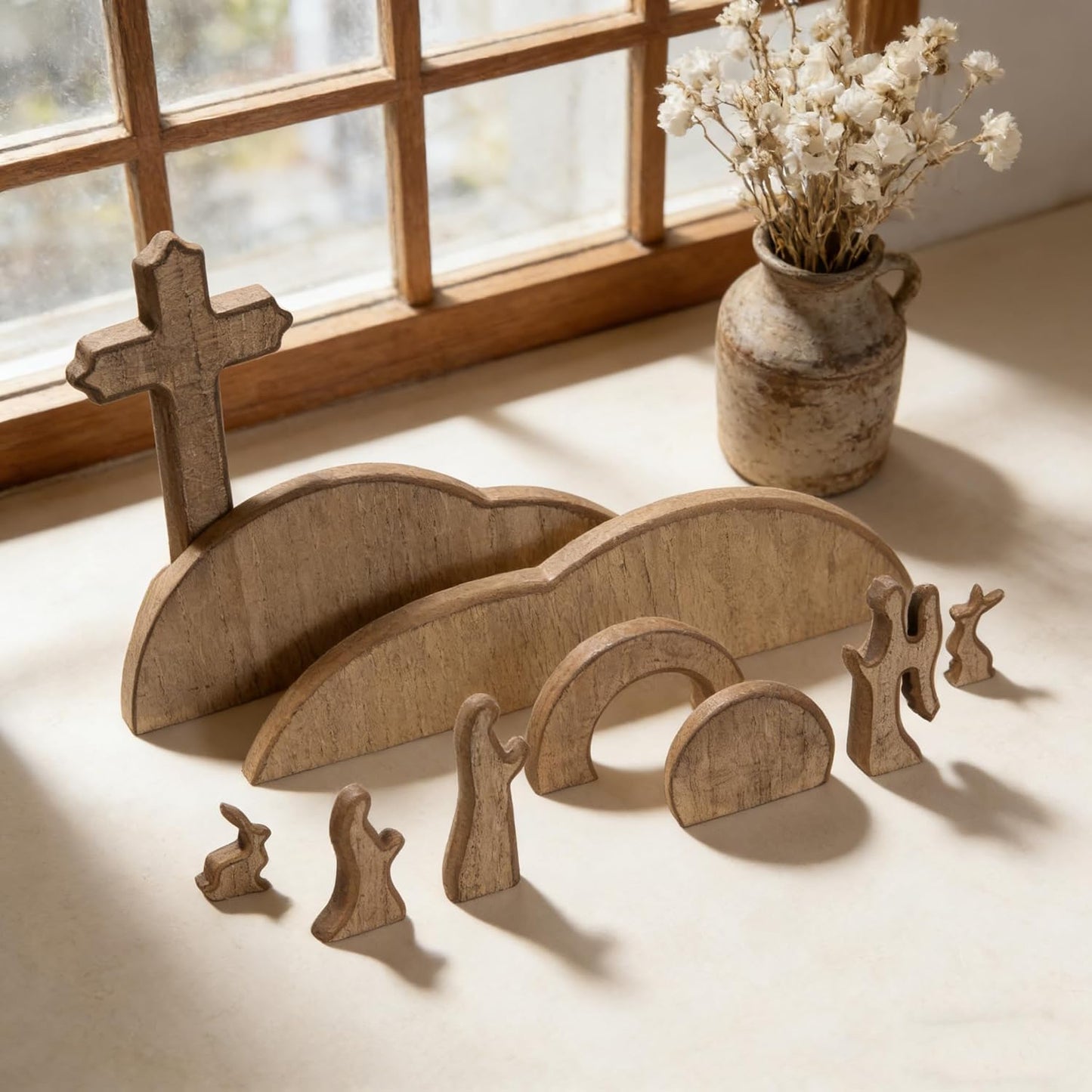 TW SHINE Easter Scene Decoration - Wooden Empty Tomb & Cross Tray Set for Home & Office
