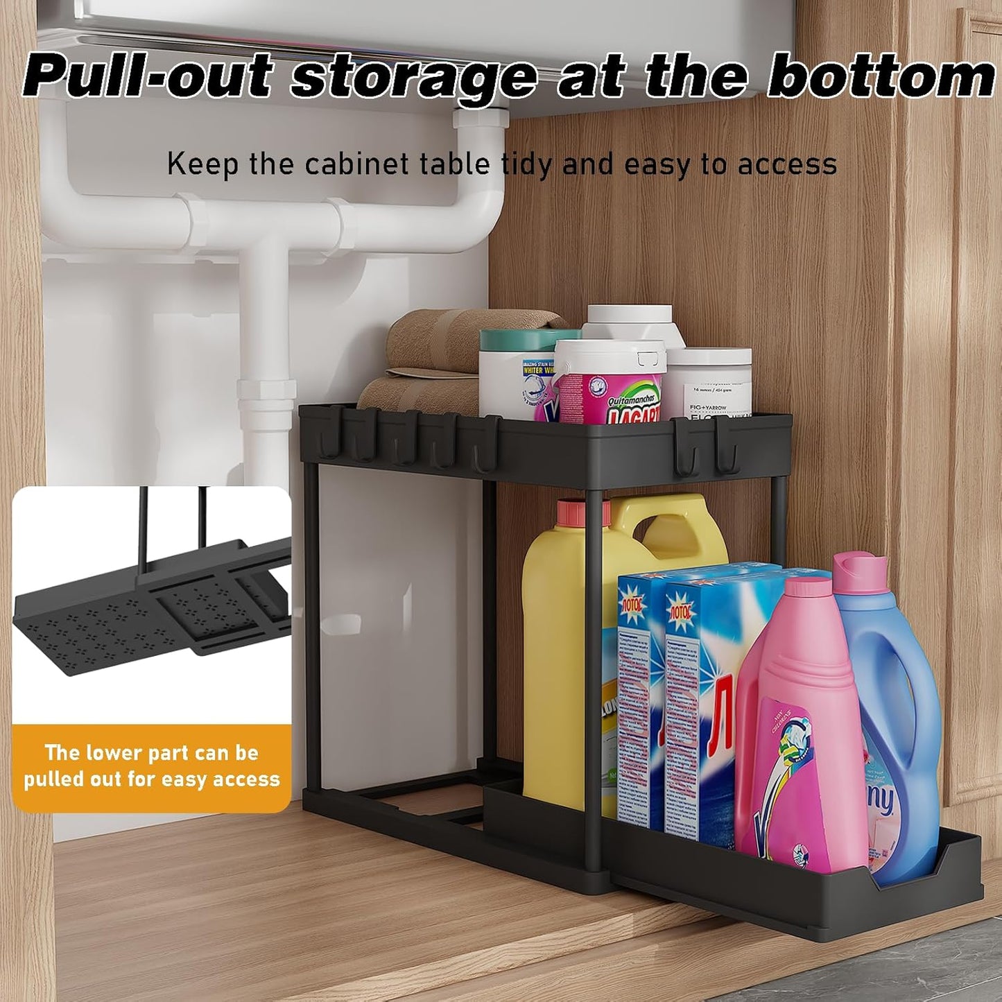 Under Sink Organizer - 2 Pack Bathroom Storage with Pull-Out Sliding Drawers | 12.8 Inch, Black