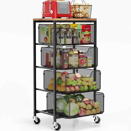 Goovilla Kitchen Cart - 4-Tier Metal Rolling Utility Organizer with Lockable Wheels & Wooden Top - Black