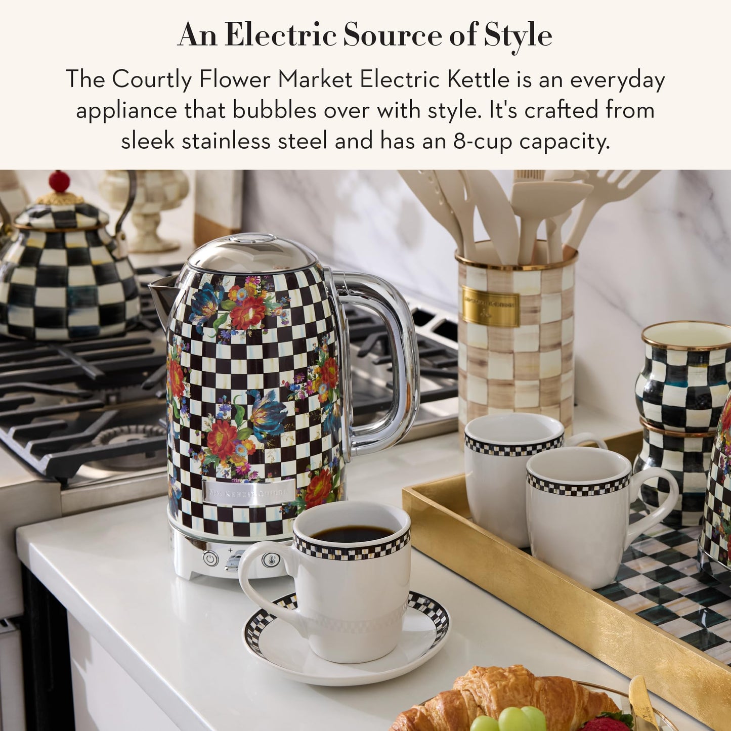 MACKENZIE-CHILDS Electric Kettle, Stainless-Steel Tea Kettle, Black-and-White Courtly Flower Market
