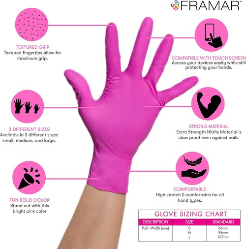 FRAMAR Pink Nitrile Gloves - Disposable, Latex-Free, Medium Size for Hair Dye & Cleaning | 100 Pack