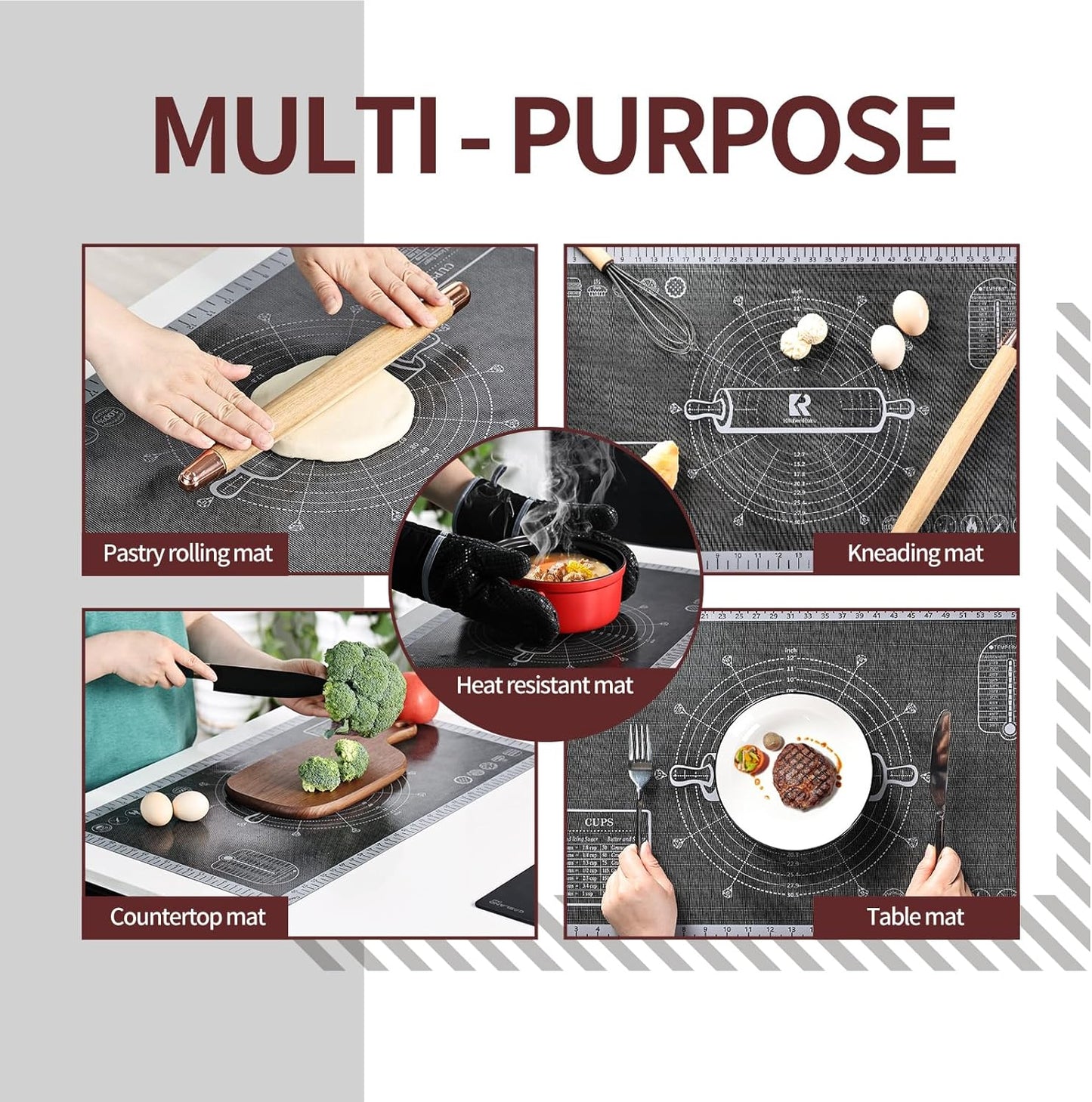 Silicone Pastry Mat - Extra Large Non-Slip Baking Mat with Measurements | 26'' x 16'' Translucent Grey