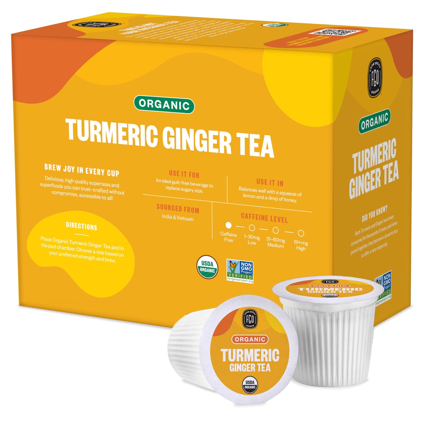 Organic Turmeric Ginger Tea K-Cup Pods, 24 Pods by FGO - Compatible with Keurig - Naturally Caffeine-Free Herbal Tea, Premium Green Tea is USDA Organic, Non-GMO, & Recyclable