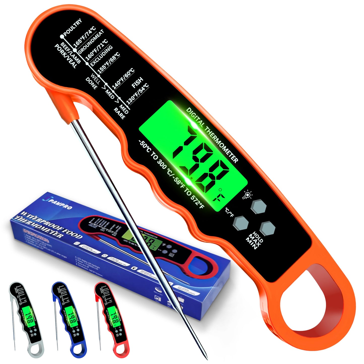Meat Thermometer Digital, IP67 Waterproof Food Thermometer for Cooking and Baking, Instant Read Meat Thermometer with Backlight, Hold Function & Magnet for Kitchen, Beef, Grill, BBQ, Candy, Turkey