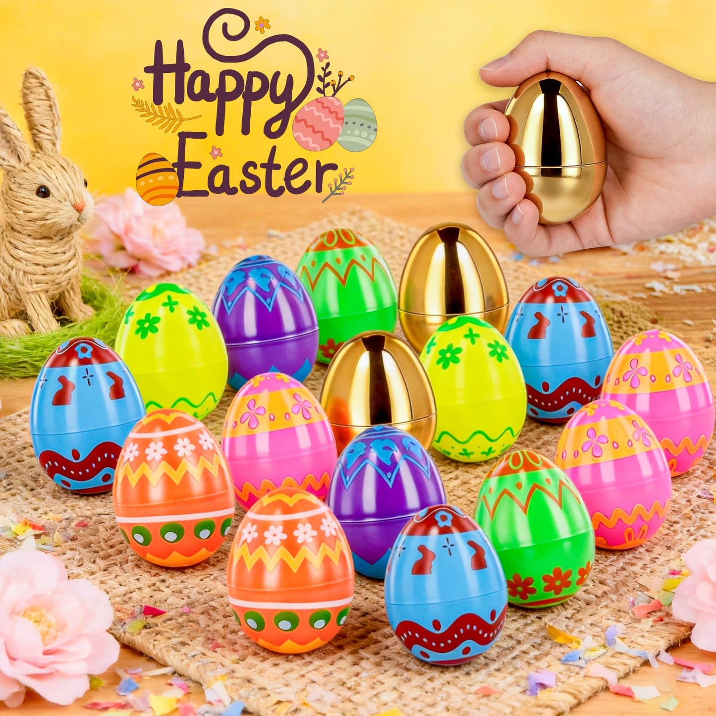 MGparty 50 Pcs Plastic Easter Eggs Empty 2.3 Inch Fillable Easter Eggs Bulk with 2 Golden Eggs, Printed Plastic Eggs for Easter Egg Hunt, Basket Stuffers, Party Favors, Classroom Prizes Decorations