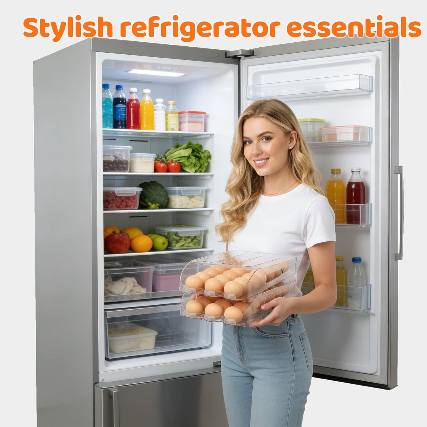 SMRCAD Egg Holder - Automatic Rolling Egg Dispenser with Silicone Bumpers & Lid | Large Capacity for Fridge