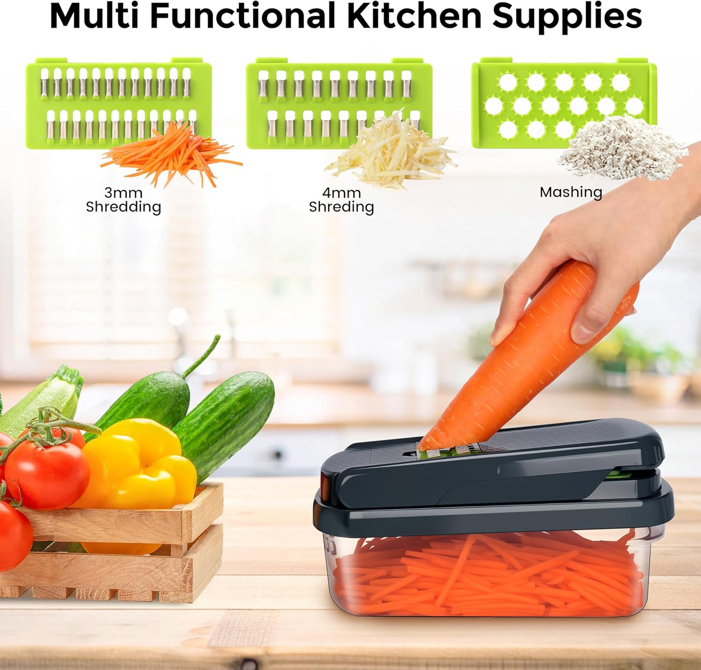 Yusshn Vegetable Chopper - 12-in-1 Multifunctional Food Processor with 7 Blades | Grey Kitchen Essential
