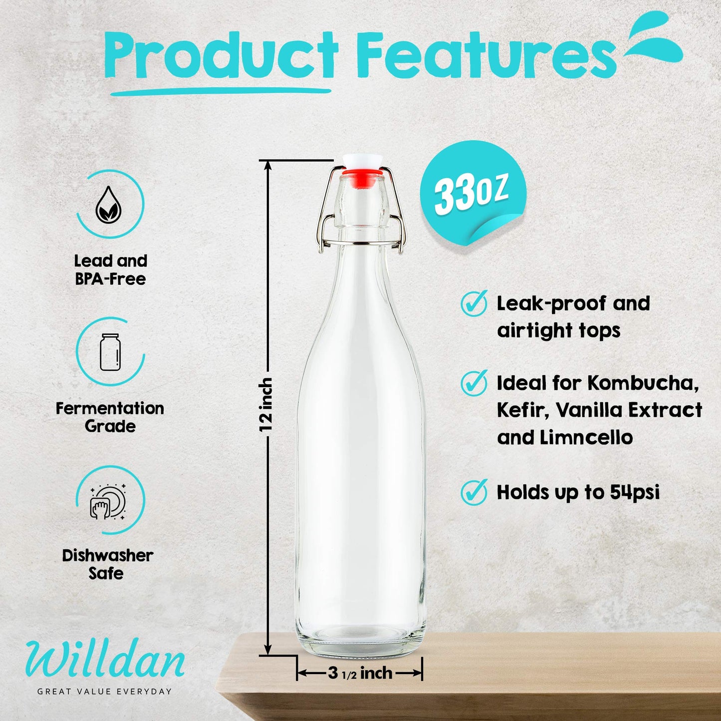 Swing Top Glass Bottles [1 Liter / 33 fl. oz.] [Pack of 4] – Flip Top Coquito Bottles for Kombucha, Fermentation, Beer, Kefir, Wine – Airtight Stopper Lids with Extra Gaskets, Funnel, Labels & More