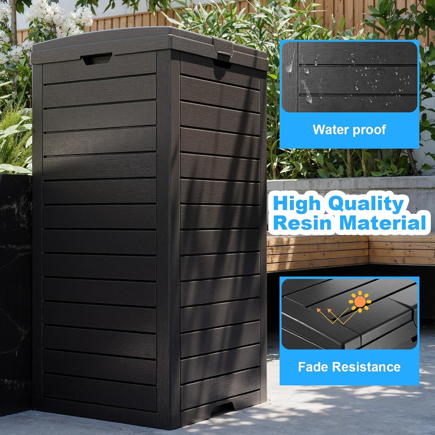 Skiennix Outdoor Trash Can - Waterproof Resin Garbage Bin with Dual Lid & Pull-Out Drawer | 38 Gallon, Black
