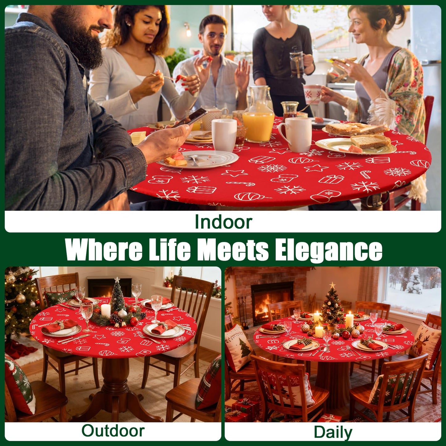 Smiry Round Spandex Tablecloth, Elastic Fitted Washable Tablecloths for 45"-56" Tables, Waterpoof Stretch Picnic Table Cover for Dining, Indoor and Outdoor, Snowflake