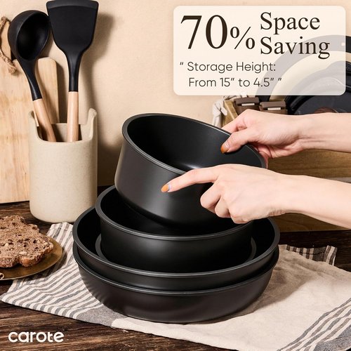 CAROTE 19-Piece Non-Stick Cookware Set - Detachable Handle, Induction Compatible, Oven Safe, Space Saving