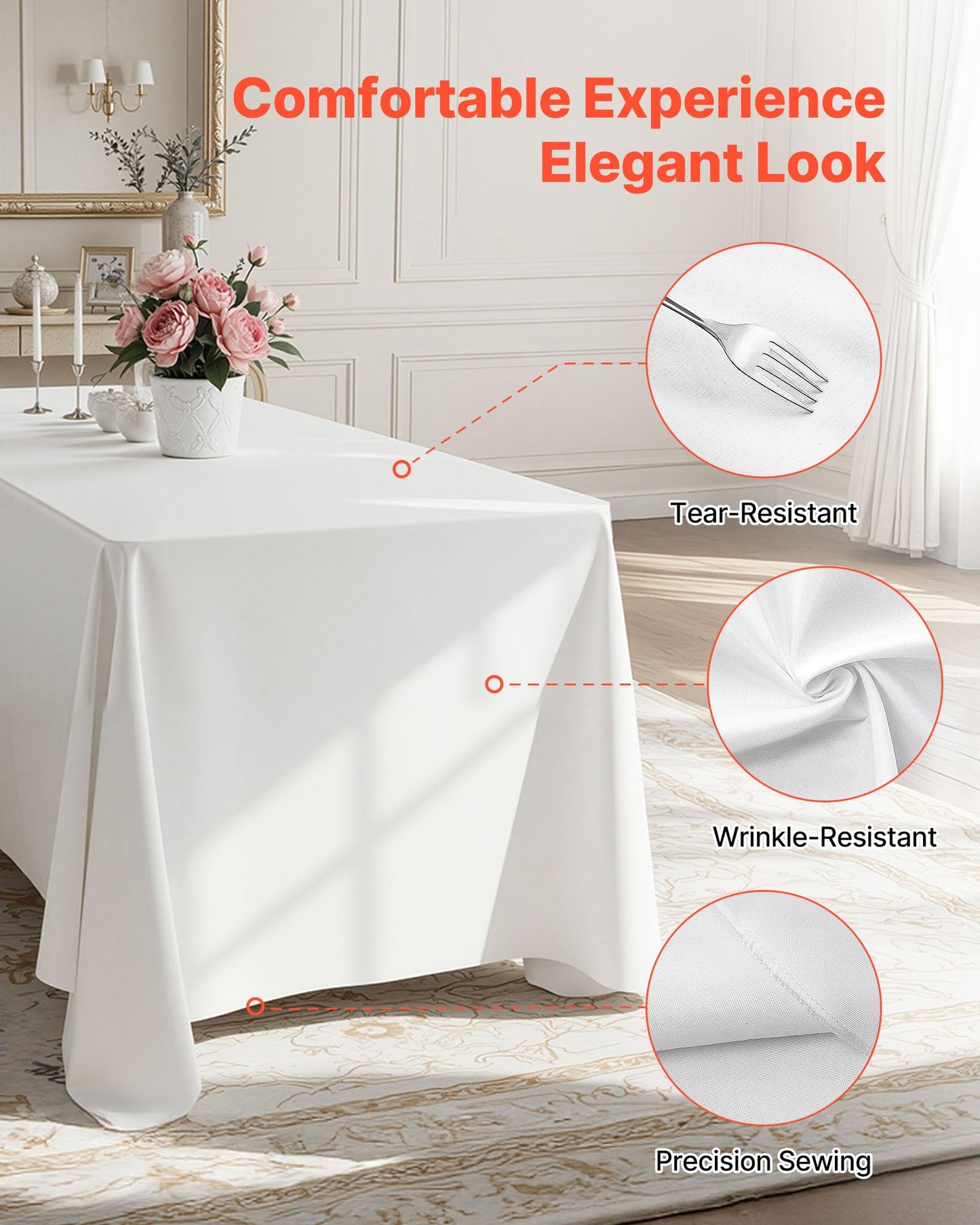 VEVOR White Tablecloths for Rectangle Tables, 6 Pack, 70 x 120 Inches, Reusable and Machine Washable Table Clothes, Wrinkle-Resistant Polyester Fabric Table Covers for Wedding, Party, Banquet