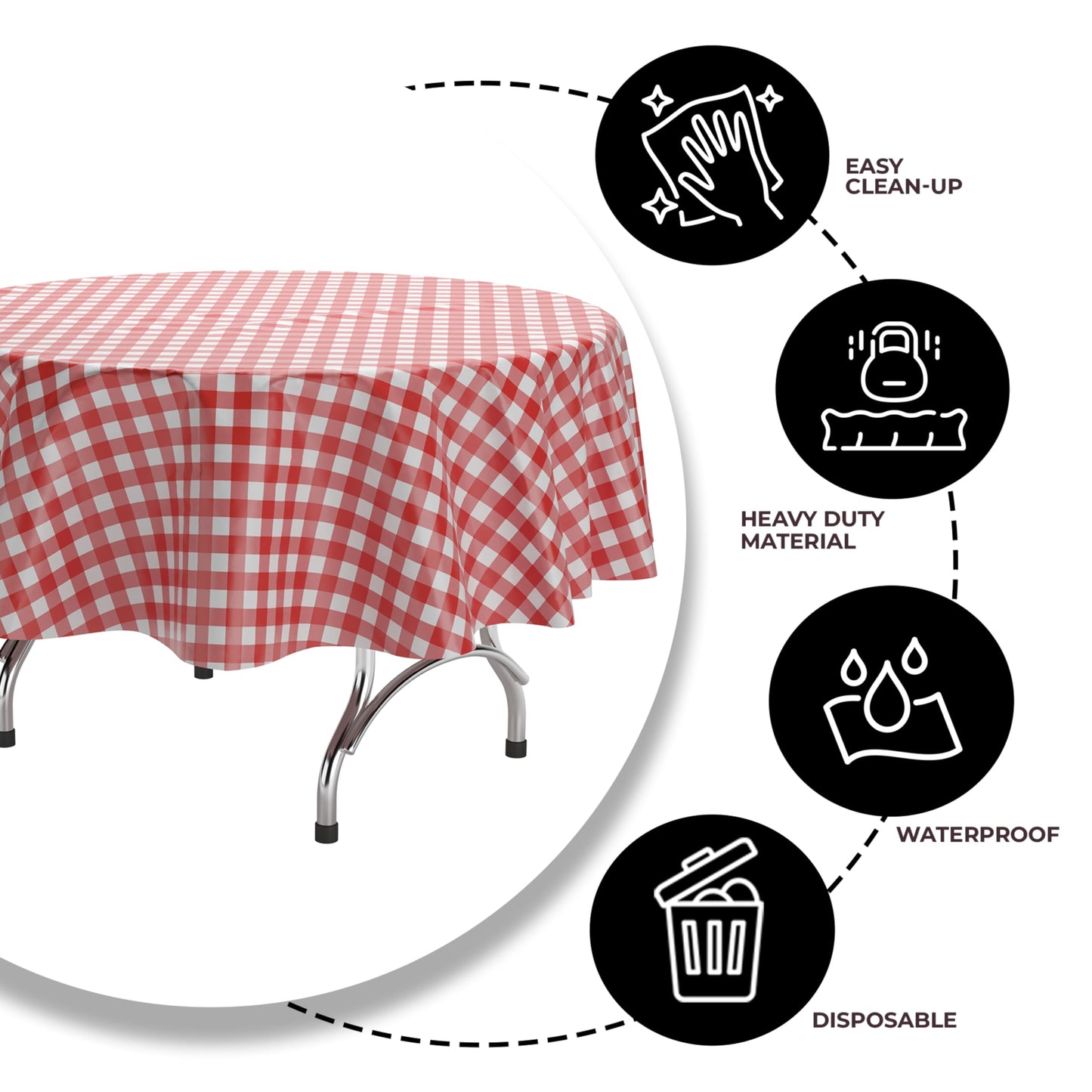 Exquisite Picnic Table Cover - 12 Pack Premium Round Tablecloth - Red & White Checkered BBQ Plastic Table Cover - Gingham Checkerboard Disposable Plastic Tablecloth 84 inch. Round