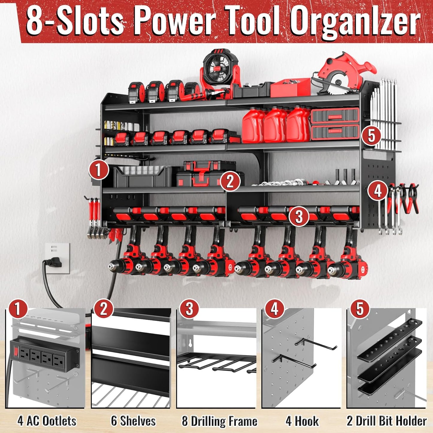 Large Power Tool Organizer by [Brand Name] - Heavy Duty Wall Mount with Charging Station & 8 Drill Holders | Black