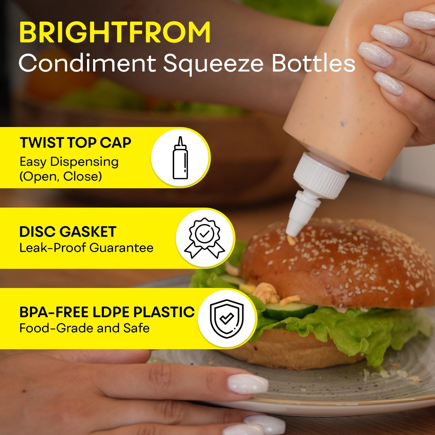 BRIGHTFROM Condiment Squeeze Bottles, 16 OZ Empty Squirt Bottle with Twist Top Cap, Leak Proof - Great for Ketchup, Mustard, Syrup, Sauces, Dressing, Oil, Arts and Crafts, BPA FREE Plastic - 2 PACK